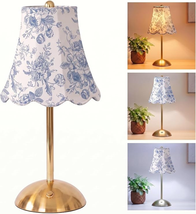 Blue Floral Cordless Table Lamp Rechargeable Touch LED Small Gold Portable Battery Operated USB-c... | Amazon (US)