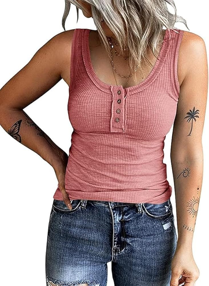 KINLONSAIR Women's Sleeveless Henley Tank Tops Ribbed V Neck Button Down T Shirts Summer Slim Fit... | Amazon (US)