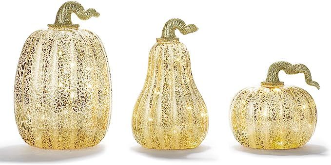 LampLust Gold Pumpkin Centerpiece with LED Lights - Set of 3, Mercury Glass Style, Fall, Autumn, ... | Amazon (US)