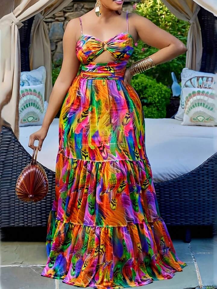 Sexy Printed Hollow Out Patchwork Suspender Multicolor Dress | SHEIN