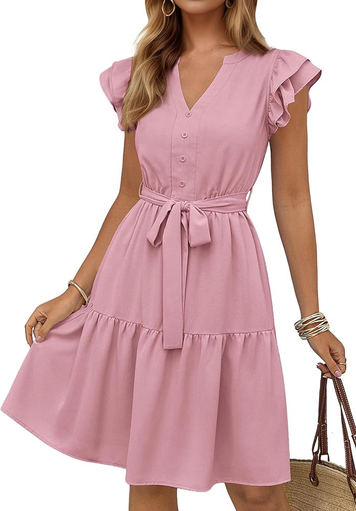 KIRUNDO Summer Dresses for Women 2026 Spring Flutter Sleeve V Neck Ruffle Flowy Tiered Knee Lengt... | Amazon (US)