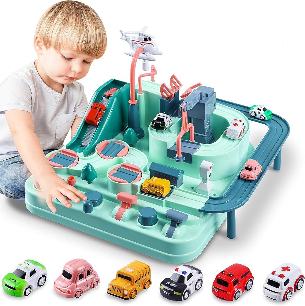 YEZI Car Adventure Toys for Kids, City Rescue Playsets Magnet Toys w/ 6 Mini Cars, Puzzle Rail Ca... | Amazon (US)