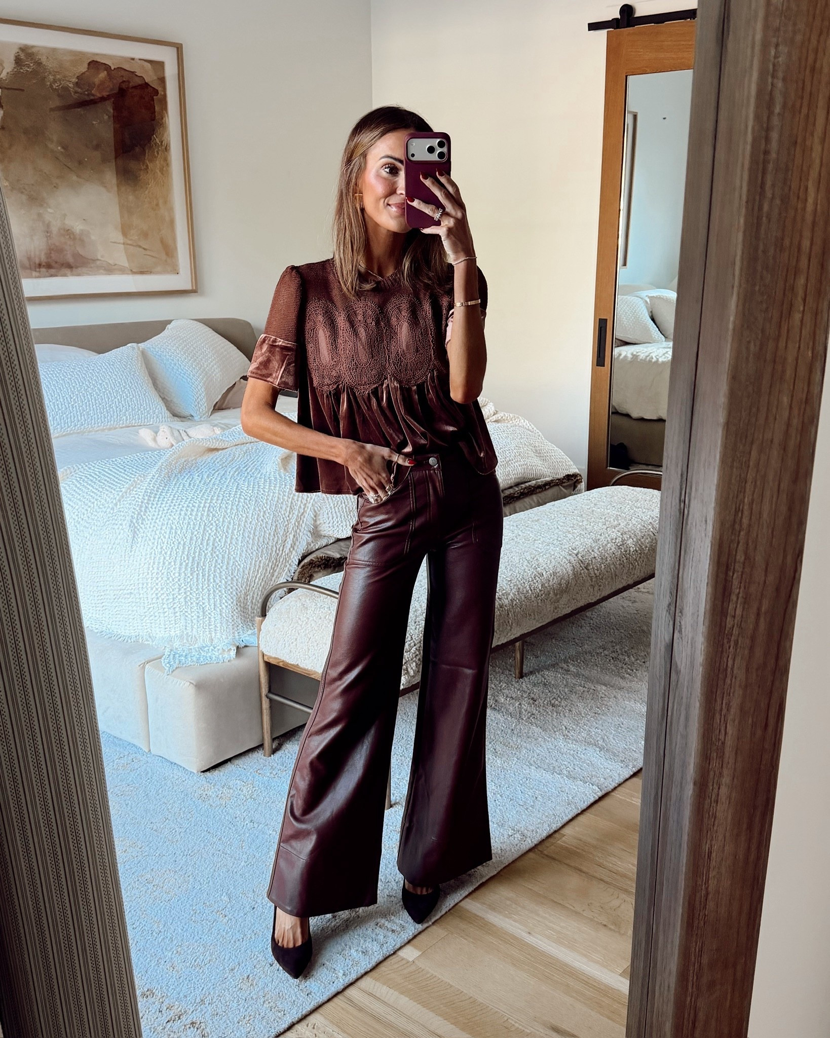 love a monochromatic look 🤎🤎 obsessed with the pretty details on this velvet top + the flattering fit of these pants 🙌🏼 use code LAUREN30 to get 30% off site wide at anthropologie 🎁