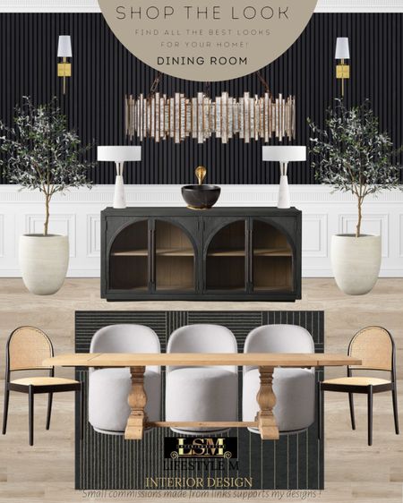 Black modern transitional dining room design idea. Wood dining table, white upholstered dining chair, black cane dining chair, black rug, black wood dining console buffet credenza, black decorative bowl, white table lamp, round glass chandelier, white tree planter pot, realistic fake olive tree, brass wall sconce light, black wall panels.

#LTKFind #LTKstyletip #LTKhome