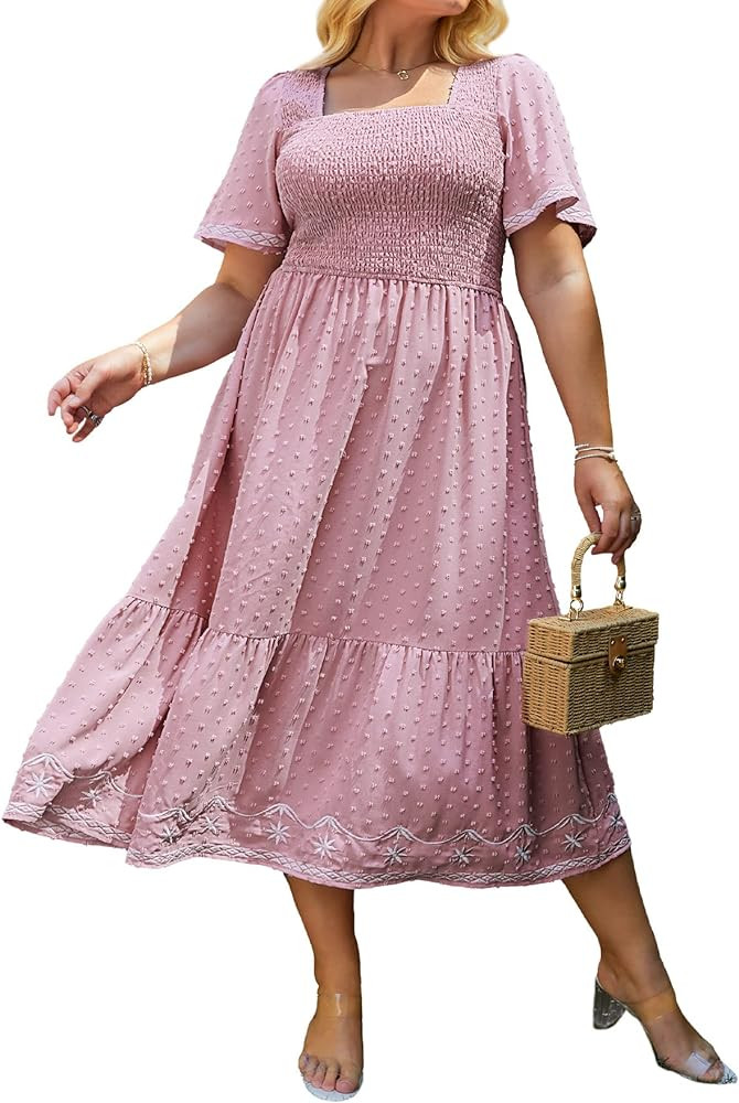 Glamaker Women's Plus Size Summer Casual Short Sleeve Smocked Square Neck A Line Flowy Midi Dress... | Amazon (US)
