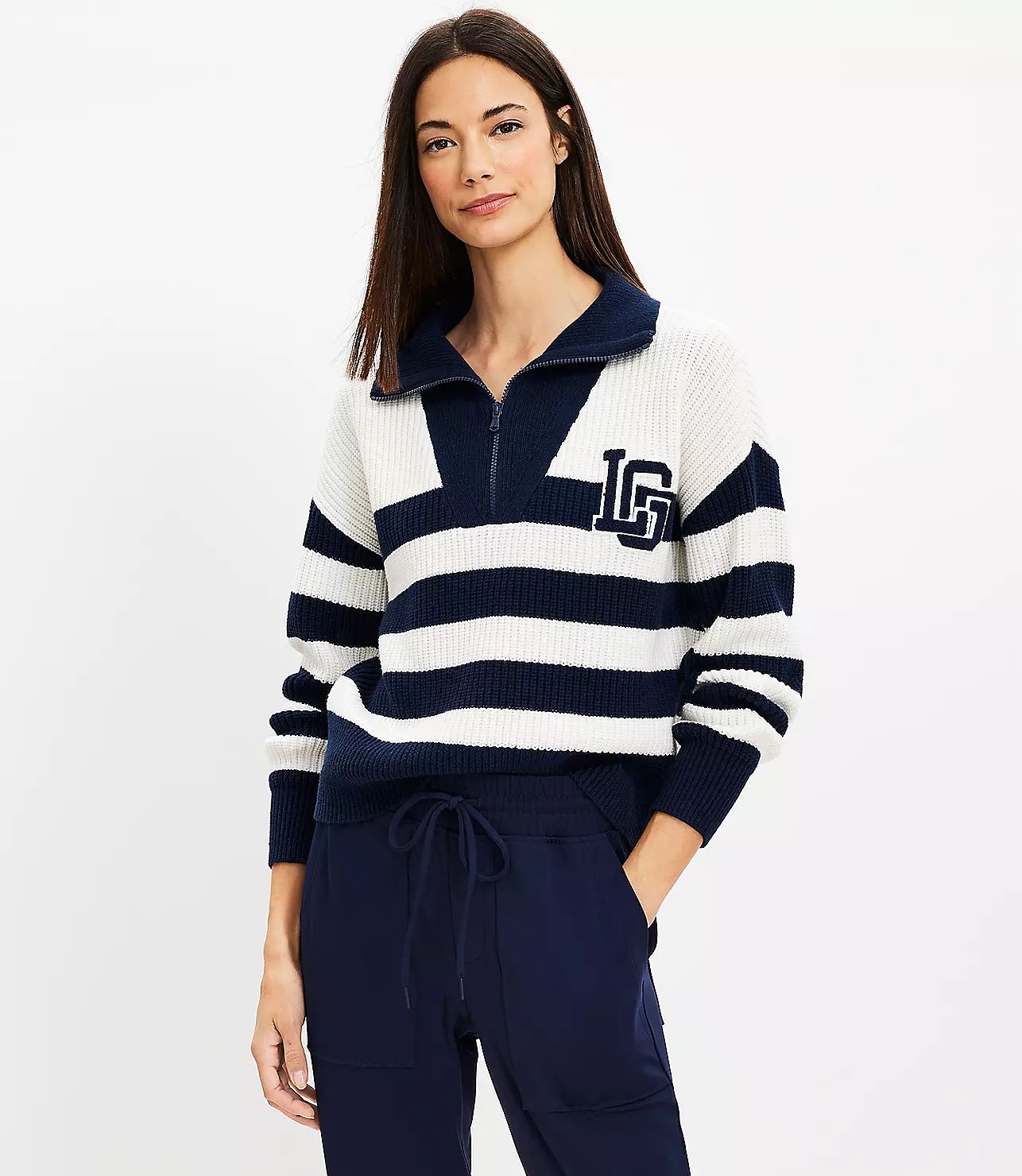 Lou & Grey Striped Varsity Letter Half Zip Sweater | LOFT