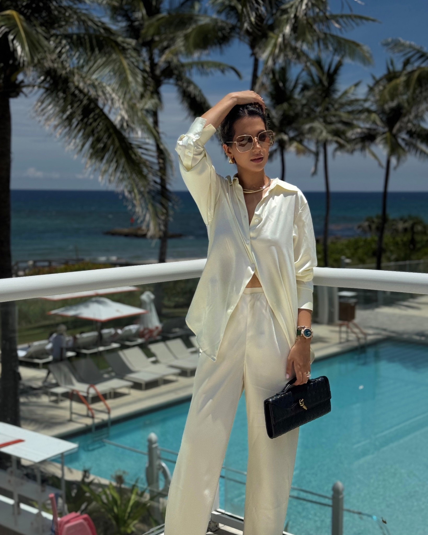 Shirt - linked size xs - discount code: JASMINA20 
Pant - linked size 0 - discount code: JASMINA20 
Clutch - linked 
Sunglasses - linked 
Earrings  - linked 
Necklace - Source Unknown (similar linked) 

#LTKSeasonal #LTKPetite #LTKStyleTip