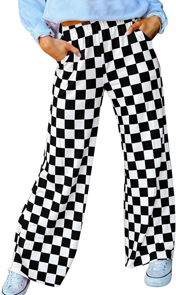 Womens Checkered Pants Y2K Pajama Pants Elastic Waist Wide Leg Lounge Pants Comfy Pj Bottoms with... | Amazon (US)