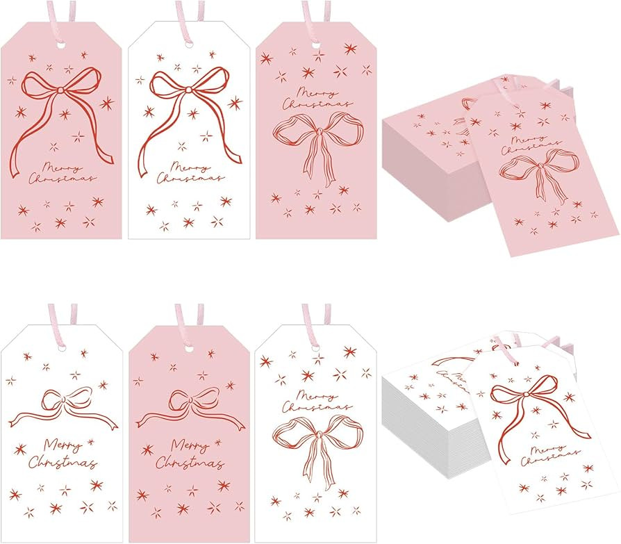 Eaasty 120 Pcs Christmas Gift Tags with String Pink Bow Merry Christmas Paper Gift Tags Xmas Hang... | Amazon (US)