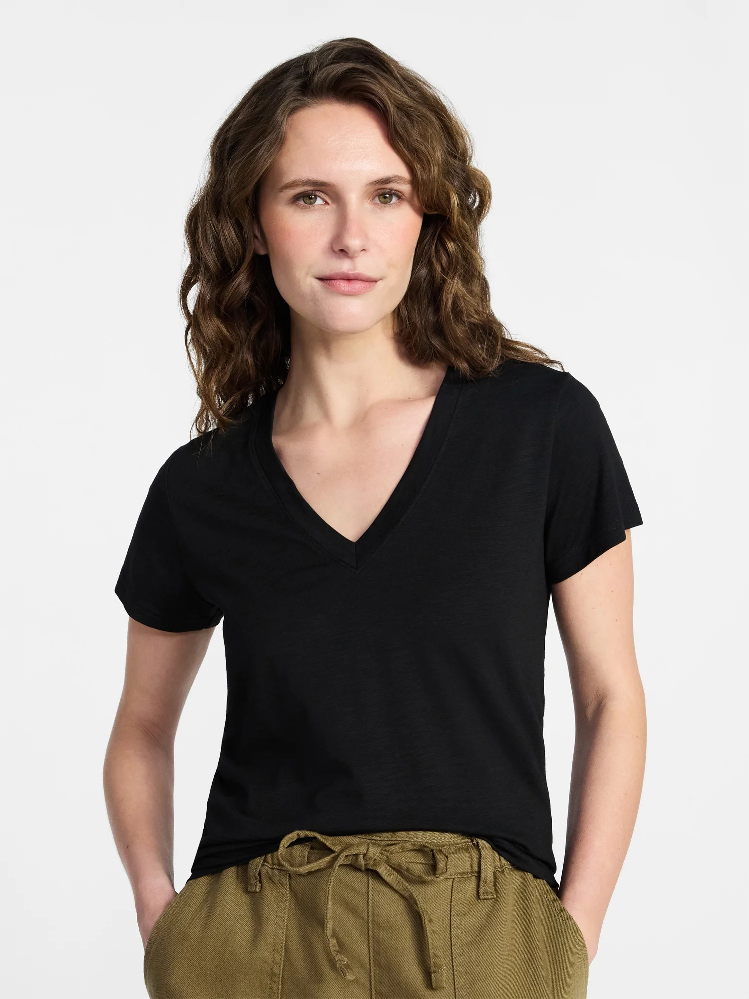 Time and Tru Women’s V-neck Slub Tee with Short Sleeves Sizes 1X-4X | Walmart (US)