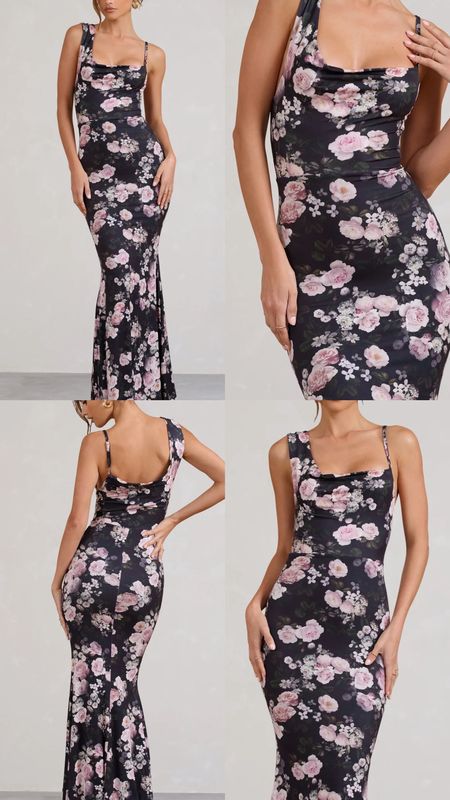 Floral satin dress. Black and pink floral print asymmetric maxi dress. 
Summer, spring, date night out, brunch outfit, wedding, baby shower, special occasion. Under £70. Affordable fashion.  Wardrobe staple. Timeless. Gift guide idea for her. Luxury, elegant, clean aesthetic, chic look, feminine fashion, trendy look.
Club L London outfit idea.

#LTKparties #LTKfindsunder100 #LTKwedding