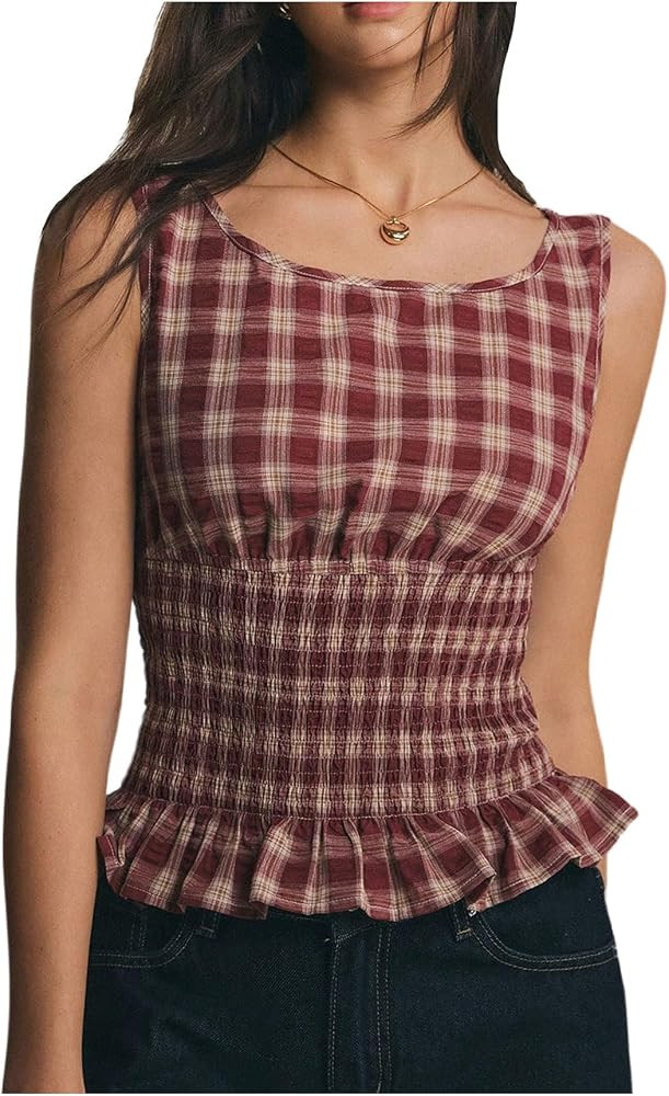 Floerns Women's Gingham Corset Tops Crew Neck Peplum Sleeveless Crop Tops | Amazon (US)
