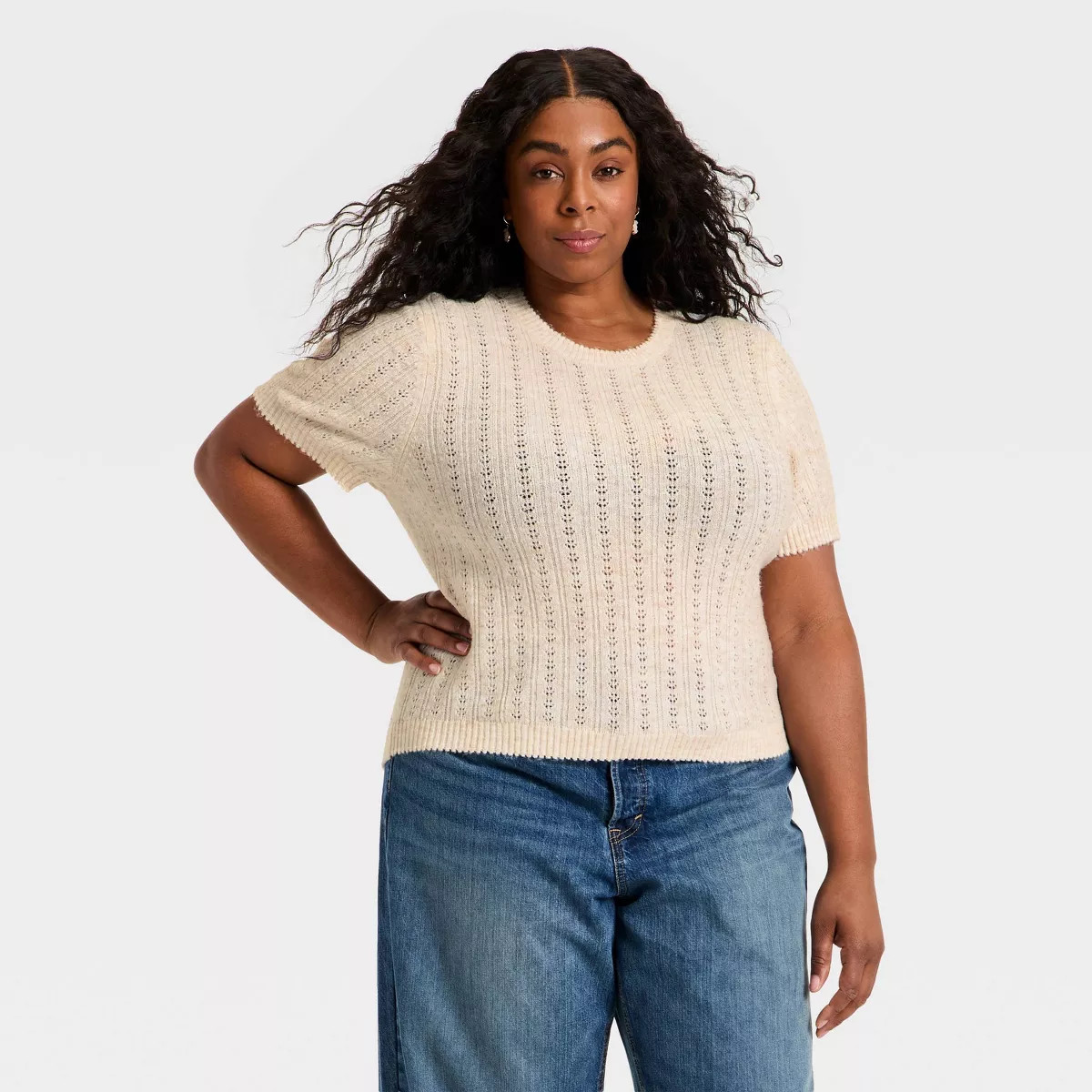 Women's Short Sleeve Pointelle Crewneck Pullover Sweater - Universal Thread™ Cream XXL | Target