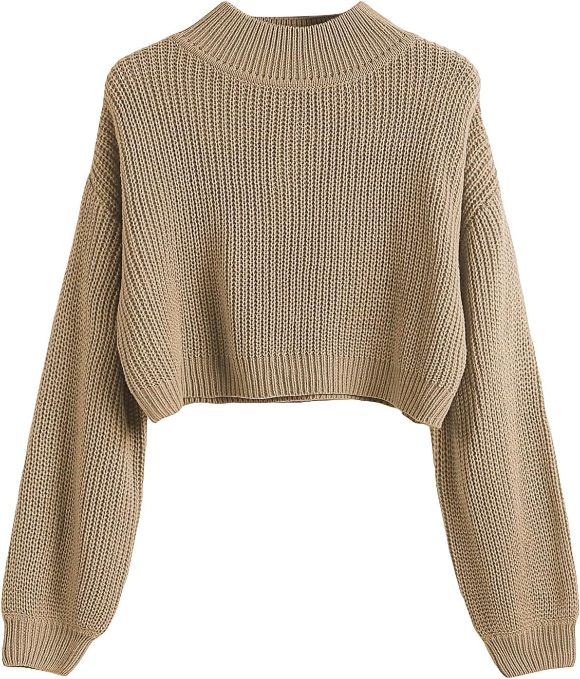 SweatyRocks Women's Long Sleeve Mock Neck Cropped Sweater Drop Shoulder Pullover Sweater Lantern Sleeve Ribbed Knit Crop Top Mocha Brown M | Amazon (US)