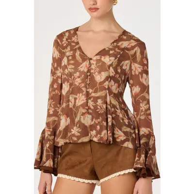 ASTR the Label Emmet Top in Brown Floral at Nordstrom, Size Large | Nordstrom