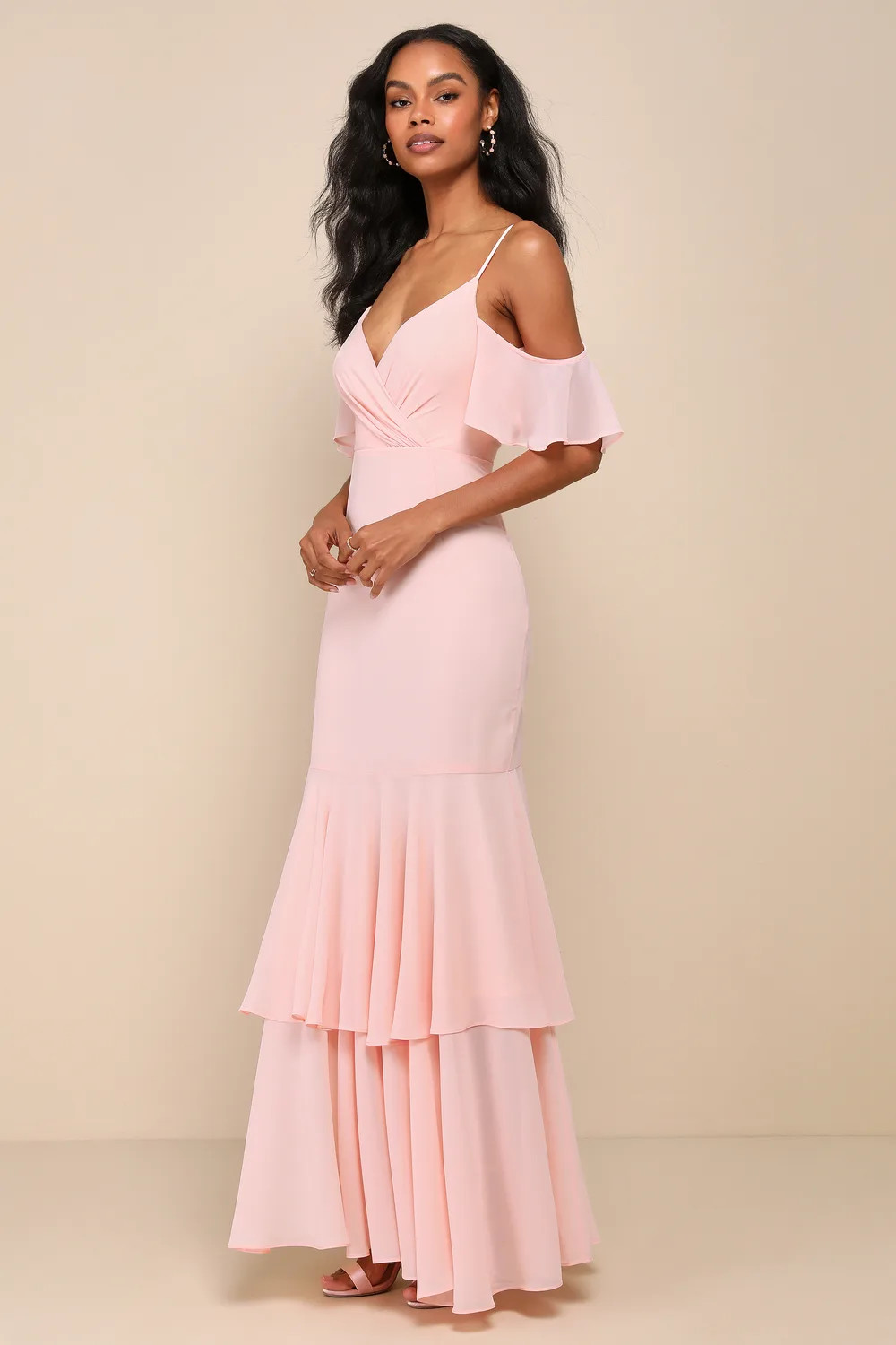 Brilliant Perfection Blush Pink Cold-Shoulder Tiered Maxi Dress | Lulus