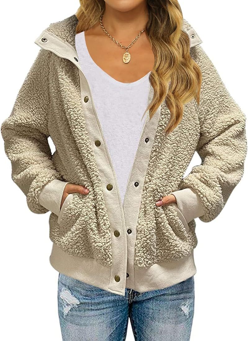 Womens Winter Long Sleeve Button Sherpa Jacket Coat Pockets Warm Fleece | Amazon (US)