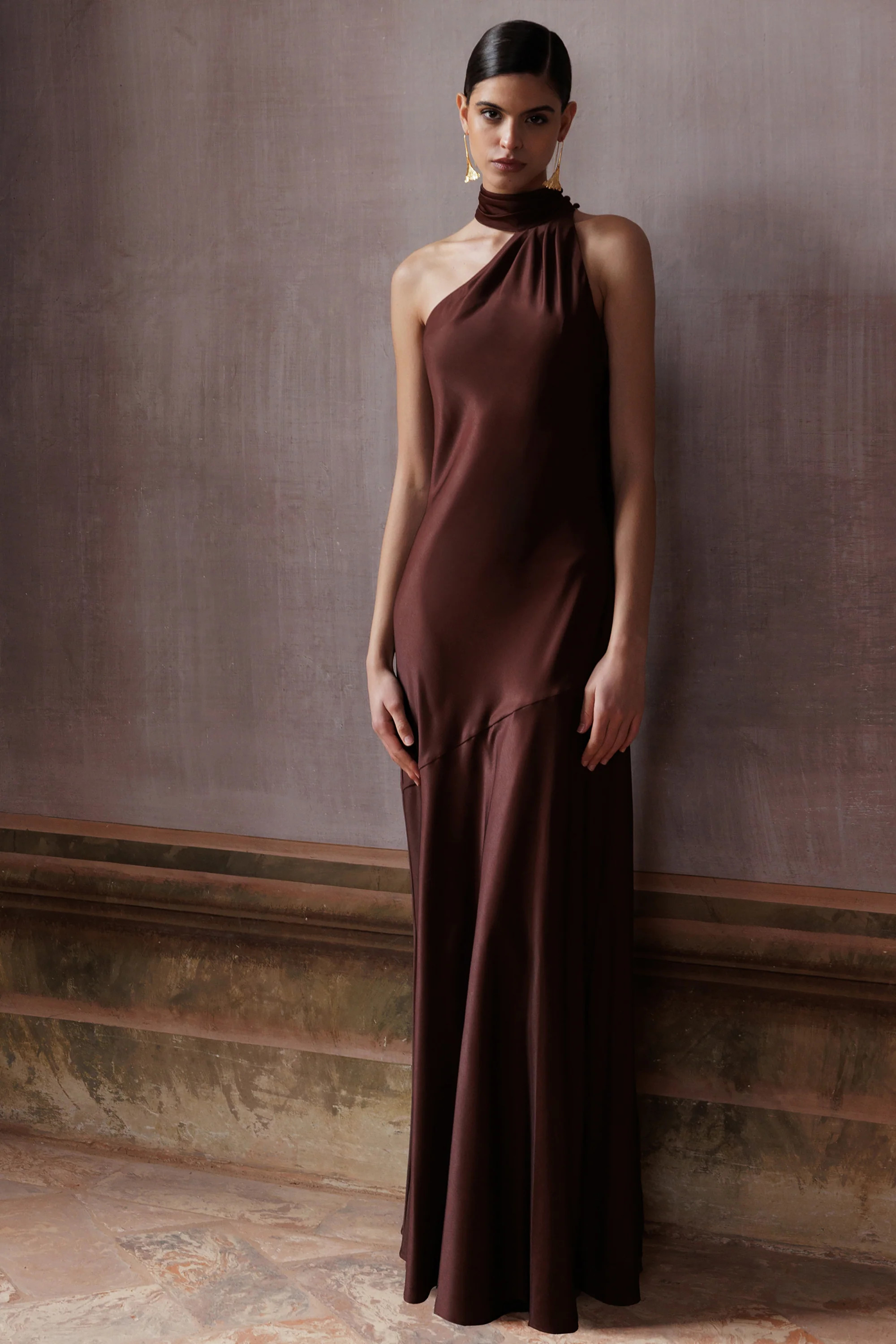 Cara | Brown Matte Satin High-Neck Maxi Dress | Club L London