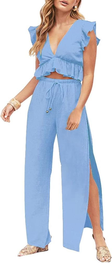 FANCYINN Womens 2 Pieces Outfits Deep V Neck Crop Top Side Slit Drawstring Wide Leg Pants Set Jum... | Amazon (US)