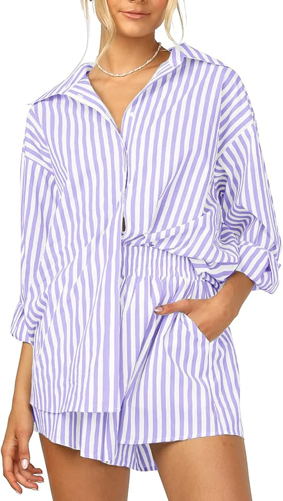 ISZPLUSH Women’s 2 Piece Casual Sets Outfits Sets Relaxed Long Sleeve Shirt Loose High Waisted ... | Amazon (US)