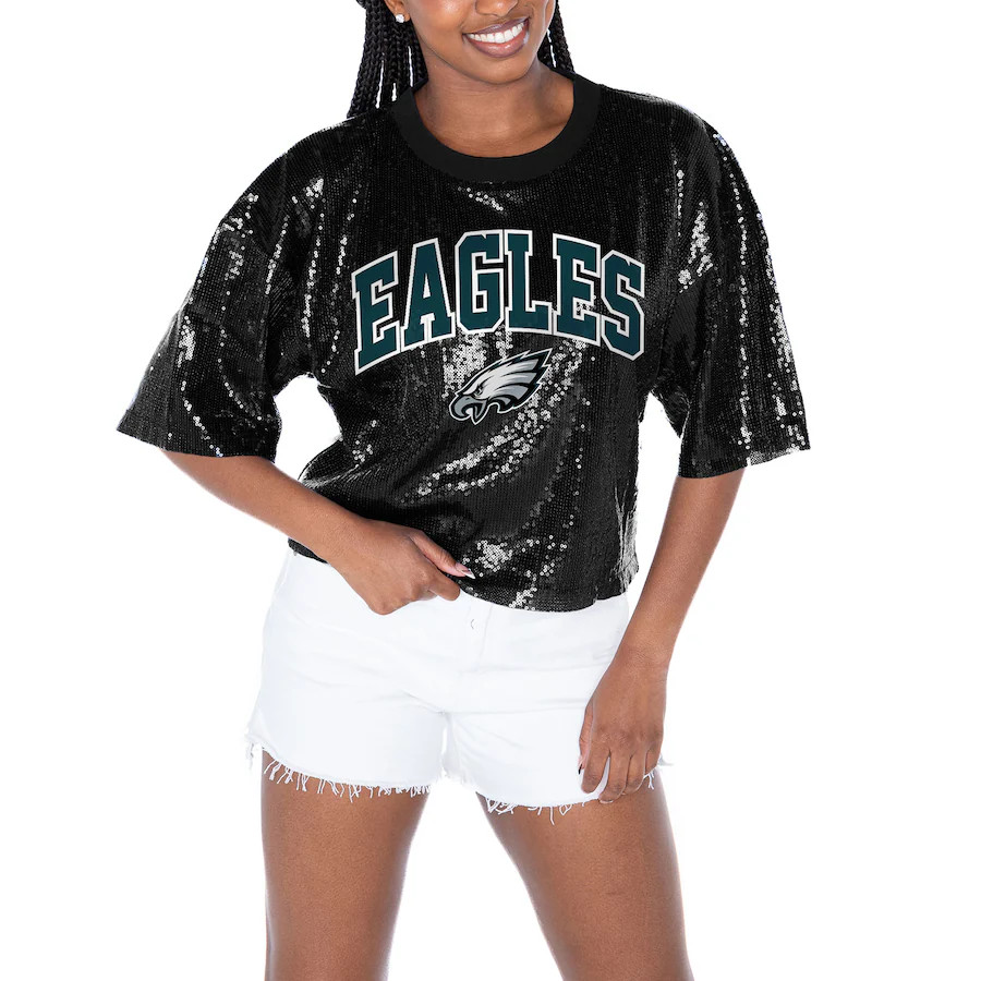 Women's Philadelphia Eagles  Gameday Couture Black Rise Up Sequin Cropped T-Shirt | NFL Shop