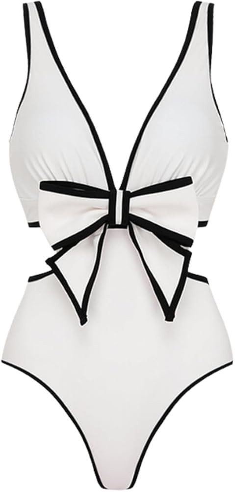 FLAXMAKER Bow Decor Women's One Piece Swimsuit Bathing Suit with Skirt | Amazon (UK)