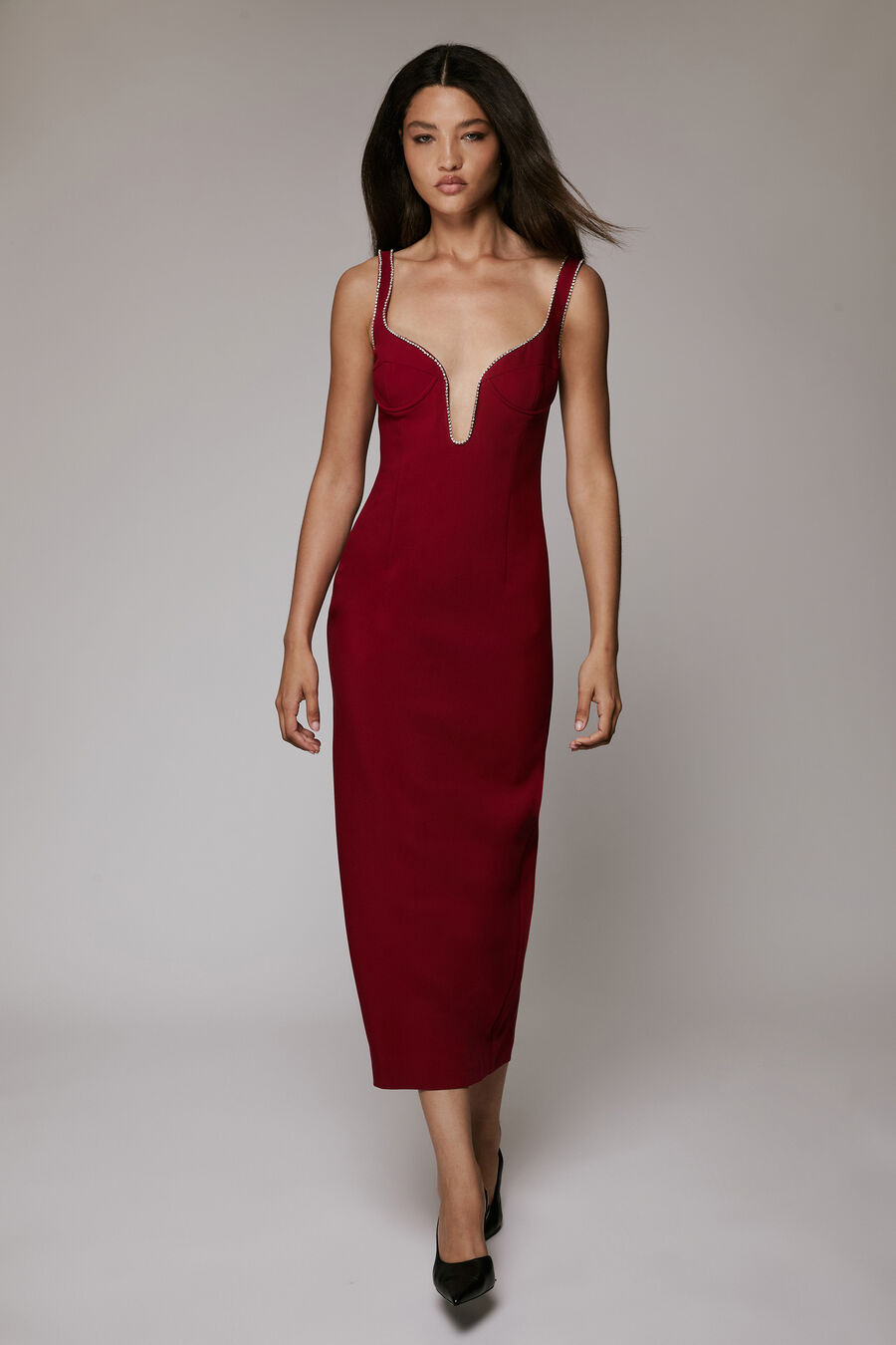 brooklyn diamonte midi dress in burgundy | Bardot (US)