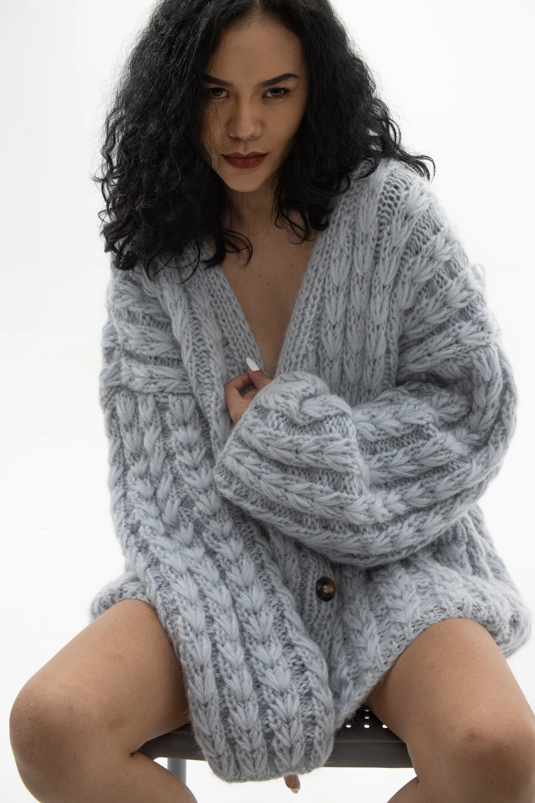 Hand knit oversize woman long sweater chunky slouchy blue Mohair wool knit cardigan | Etsy (US)