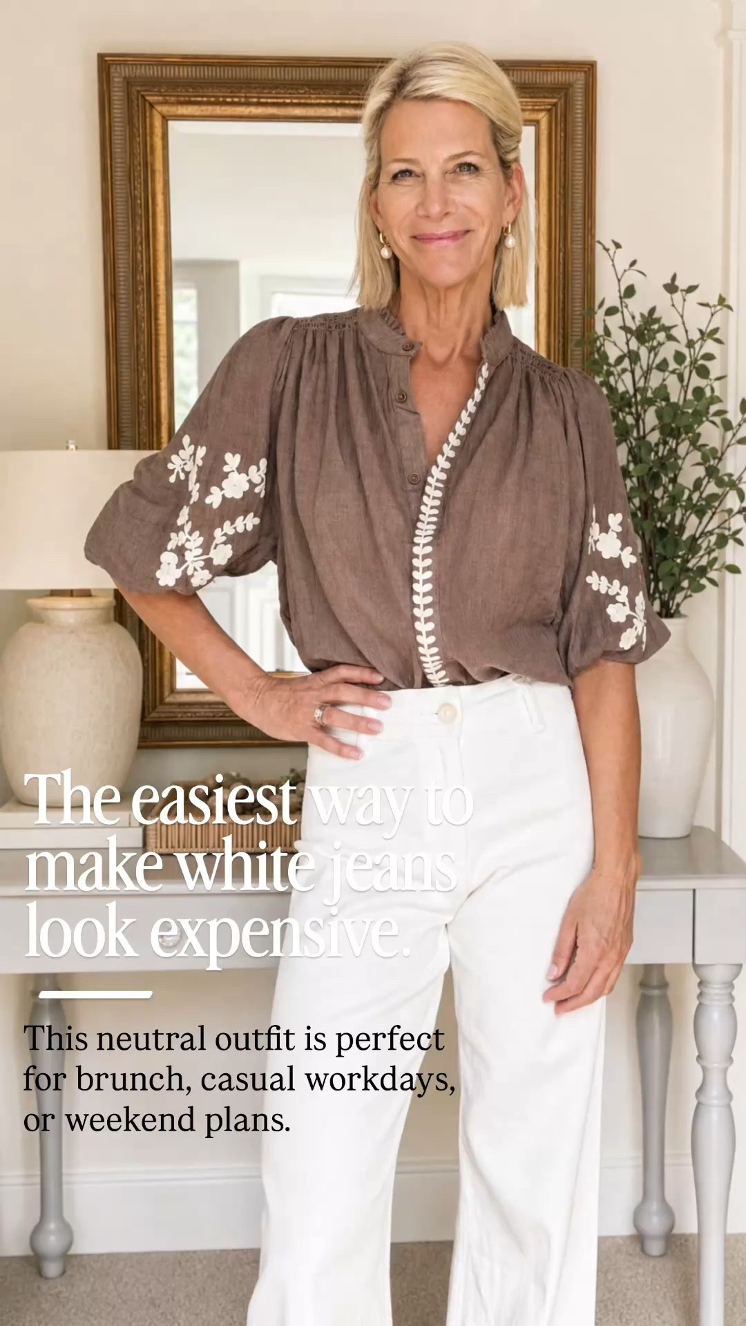 Neutral outfits never go out of style, and this is one you’ll reach for again and again.

An embroidered linen blouse paired with crisp white jeans creates an effortlessly polished look that’s perfect for brunch, lunch dates, casual workdays, weekend outings, or early fall transitions. Soft earth tones and classic white make this outfit feel elevated without trying too hard.

👩‍💻 LTK PRO TIPS
❤️ Heart = Support my posts ;-)
🔖 Save = Get sale & restock alerts for the things you love!
📋 Lists = Keep favorites organized.
📲 Share = Send lists and products to a friend.
💬 Comment = Ask me anything, and I’ll answer. ;-)

#LTKootd #LTKSeasonal #LTKOver40