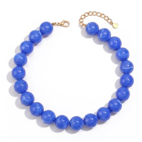 Forgreafa Royal Blue Chunky Beaded Necklace for Women Bright Cobalt Resin Boho Collar Statement Necklace 20mm Large Round Bead Choker Adjustable Layering Vibrant Summer Beach Jewelry Vacation Party Gift | Amazon (US)