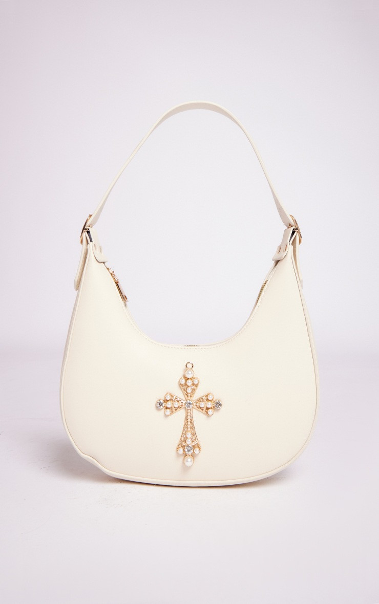 Cream Pearl Cross Curved Shoulder Bag | PrettyLittleThing UK