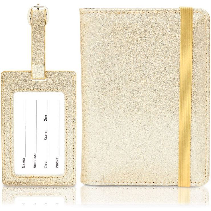 Juvale Passport Holder RFID Blocking Travel Wallet Case and Luggage Tag, PU Leather, Glitter Gold | Target