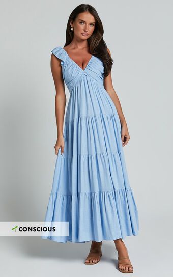Nicollee Midi Dress - Plunge Neck Sleeveless Tiered Dress in Blue | Showpo (US, UK & Europe)