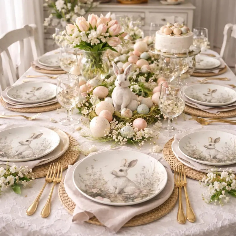 Easter Bunny Plate for Dining Easter Dinner Table Decor Spring Plate Decor Kitchen Decor White Ra... | Etsy (US)