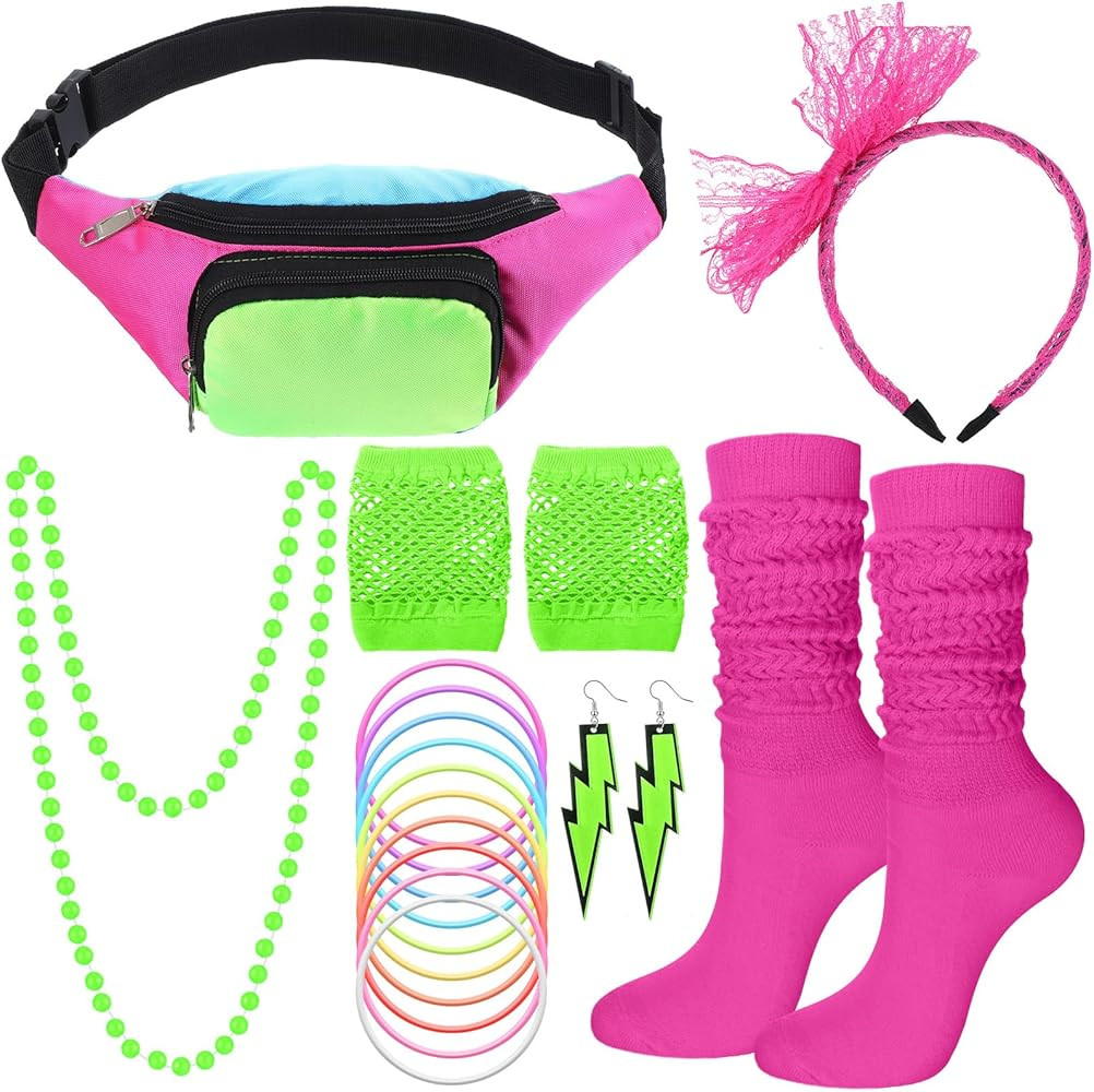Handepo 19 Pcs 80s Costume Accessories Set Neon Retro 80s Fanny Pack Hairband Fishnet Gloves Brac... | Amazon (US)