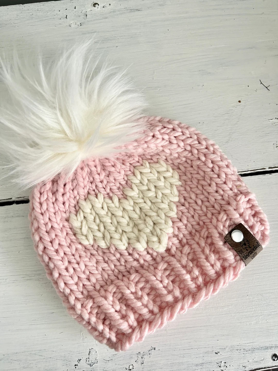 Valentine's Pink Knitted Hat With White Heart & Fur Pom/winter Beanie - Etsy | Etsy (US)