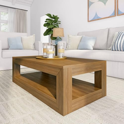 Plank+Beam 40" Modern Rectangular Coffee Table with Shelf, Solid Wood Center Table with Storage, 2 Tier Tea Table for Living Room, Pecan Wirebrush | Amazon (US)