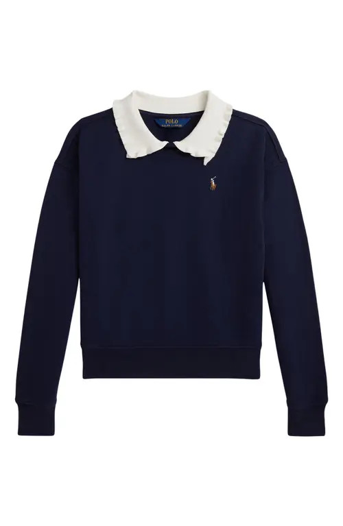 Polo Ralph Lauren Kids' Poplin Collar Cotton Blend Fleece Sweatshirt in Refined Navy at Nordstrom | Nordstrom