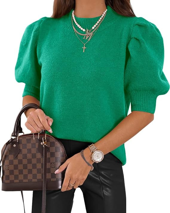 Women's Puff Short Sleeve Sweater Tops 2025 Summer Fall Trendy Knit Crew Neck Casual T Shirts Blo... | Amazon (US)