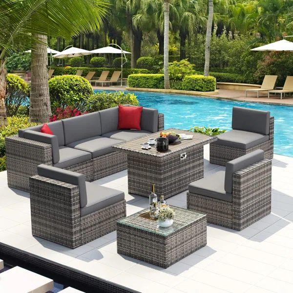 Polyethylene (PE) Wicker 6 - Person Patio Conversation Sets with Cushions Coffee Table and Fire P... | Wayfair North America