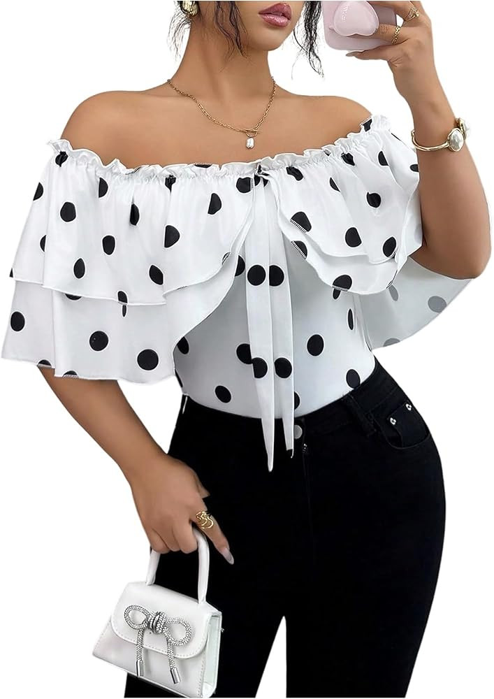 WDIRARA Women's Polka Dots Off the Shoulder Tops Layered Ruffle Short Sleeve Tee Shirts | Amazon (US)