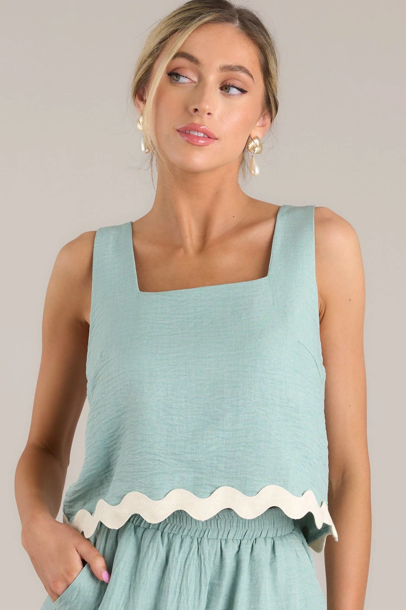 In My Dreams Sage Green Scalloped Cropped Top | Red Dress