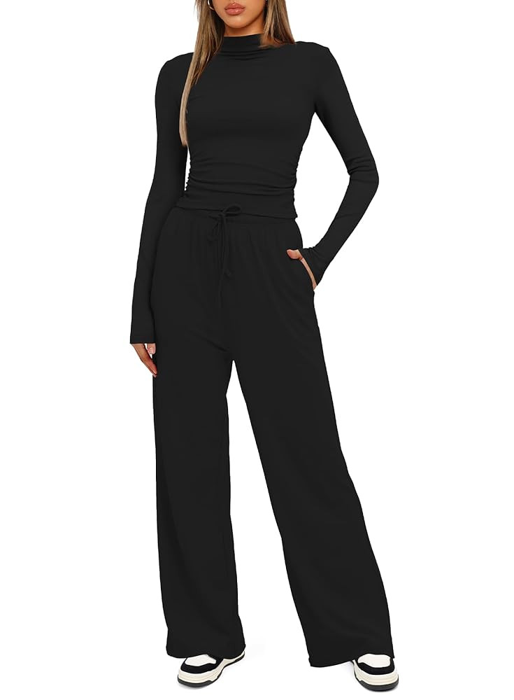 Darong Women's 2 Piece Outfits Lounge Sets Long Sleeve Mock Neck Tops High Wasited Wide Leg Pants... | Amazon (US)