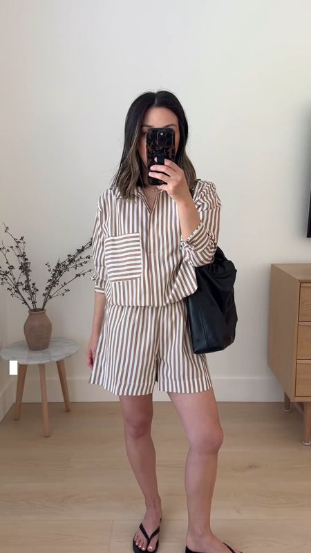 French connection striped set. Lightweight material, great for warm weather. Runs oversized. 

French connection top small. Need the xs 
French connection shorts small. Need the xs
Madewell sandals 5
Anine Bing bag
YSL sunglasses  

Summer outfits, sandals, purse, petite style 

#LTKItBag #LTKSeasonal #LTKShoeCrush