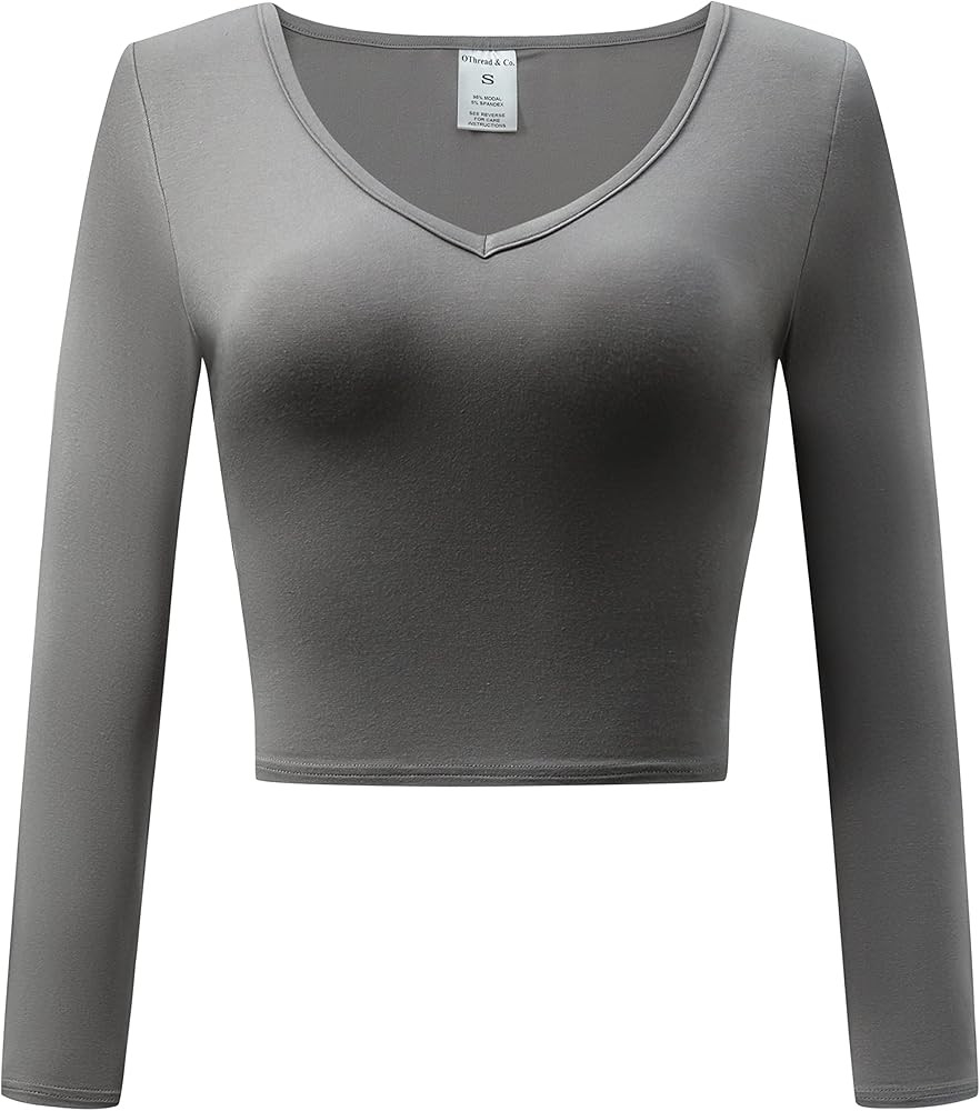 OThread & Co. Women's Long Sleeve V-Neck Crop Top Basic Comfy Stretch Tee | Amazon (US)