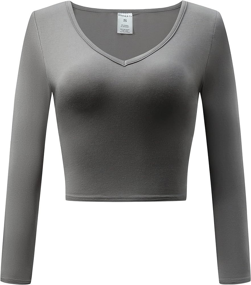 OThread & Co. Women's Long Sleeve V-Neck Crop Top Basic Comfy Stretch Tee | Amazon (US)