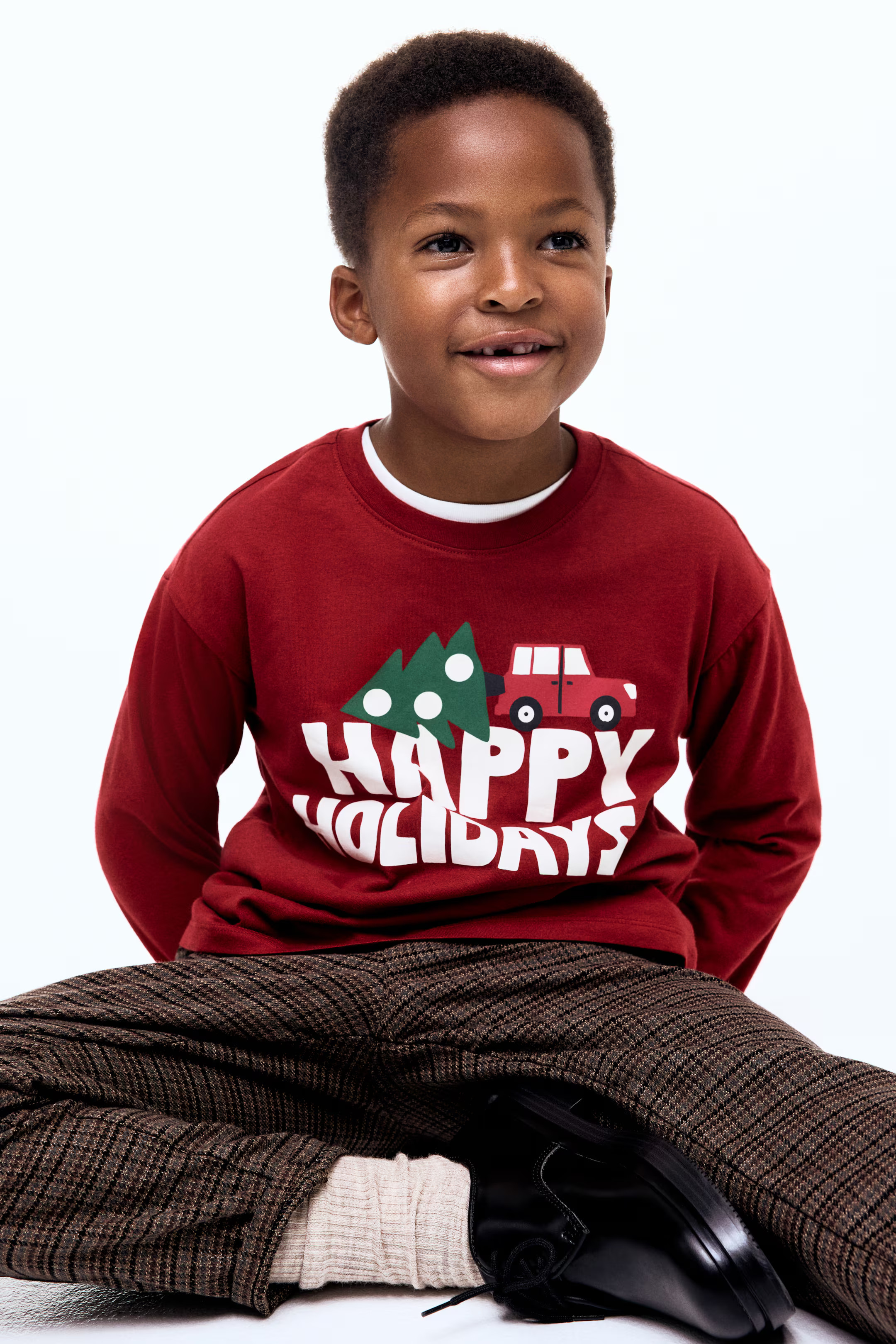 Cotton T-Shirt with Motif - Red/Happy Holidays - Kids | H&M US | H&M (US + CA)