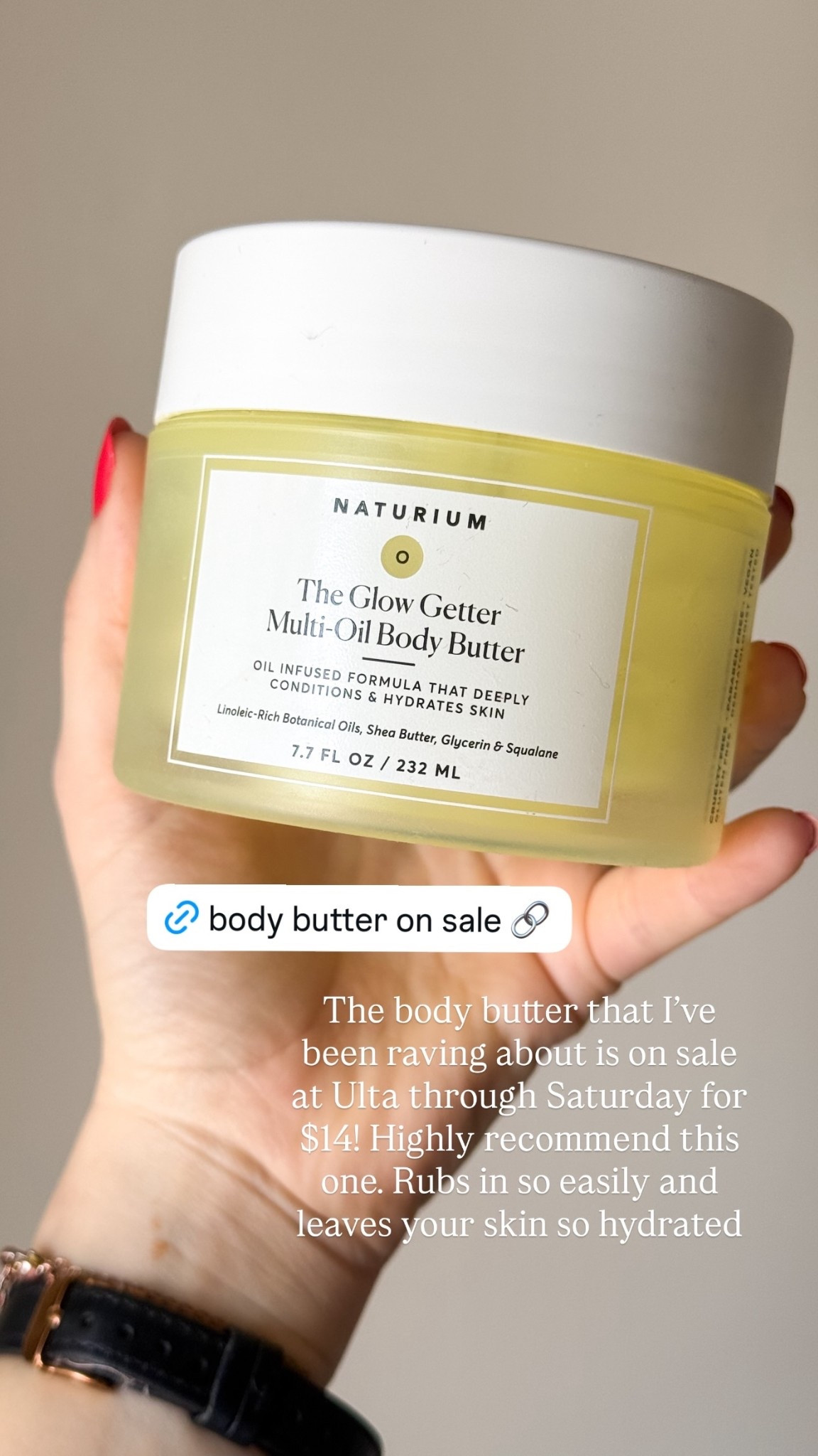The body butter that I’ve been raving about is on sale
at Ulta through Saturday for $14! Highly recommend this one. Rubs in so easily and leaves your skin so hydrated