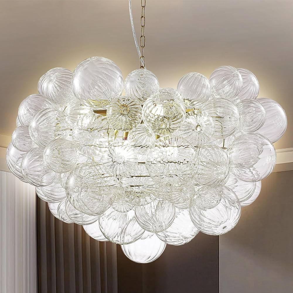 BeyPan Clear Bubble Pendant Lighting Art Deco Brass Chain Glass Chandeliers for Dining Room Large... | Amazon (US)