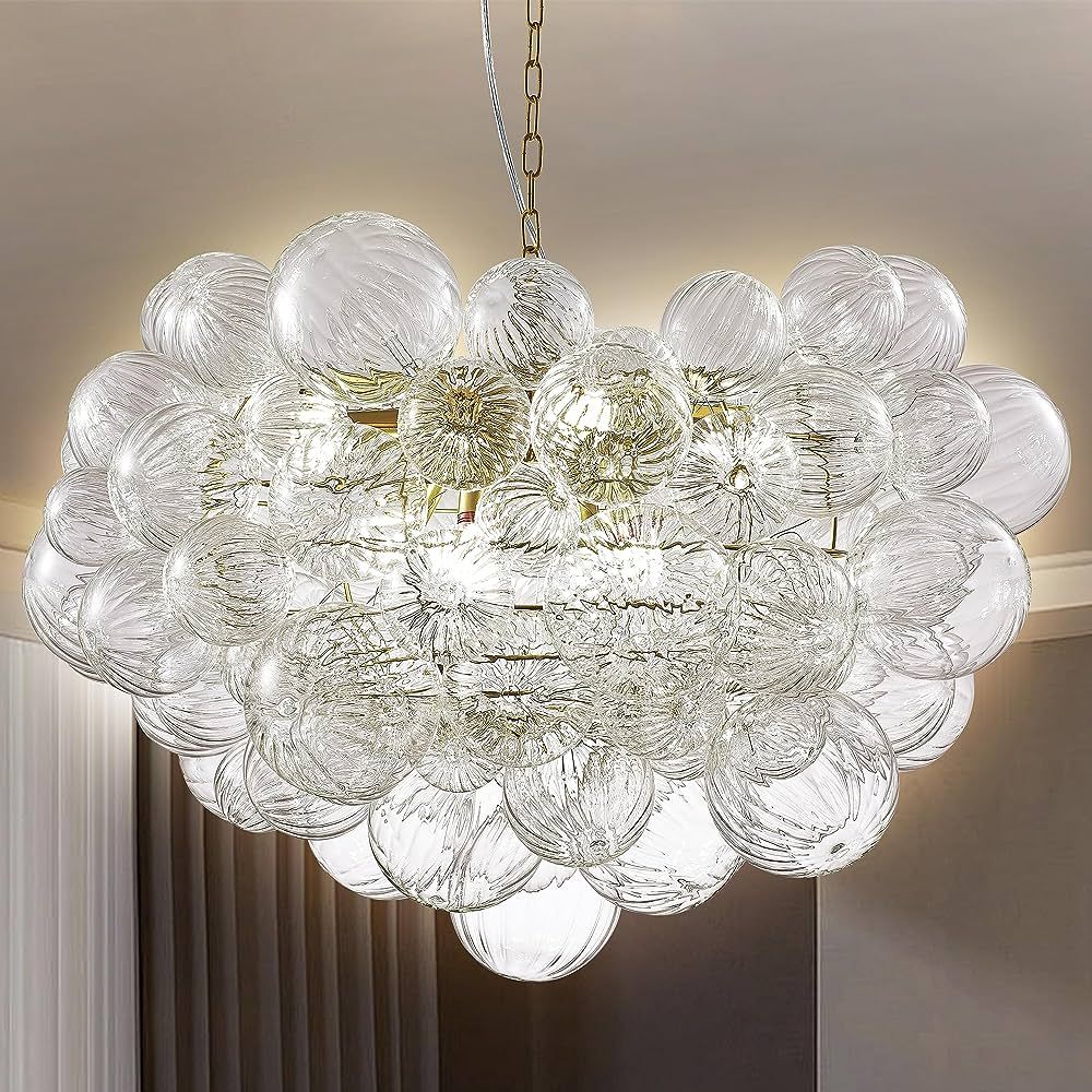 BeyPan Clear Bubble Pendant Lighting Art Deco Brass Chain Glass Chandeliers for Dining Room Large... | Amazon (US)